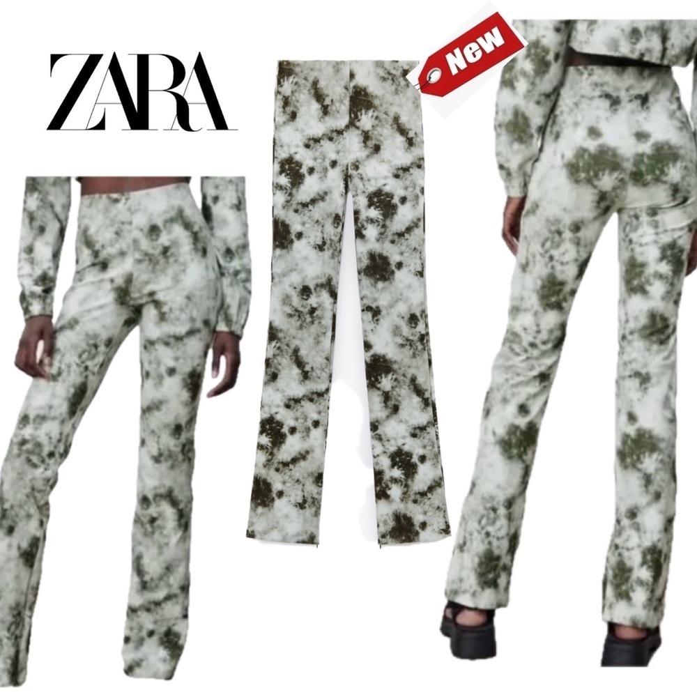Zara Green tie-dye high waisted zippered ankle hem stretchy pants Sz S NWT